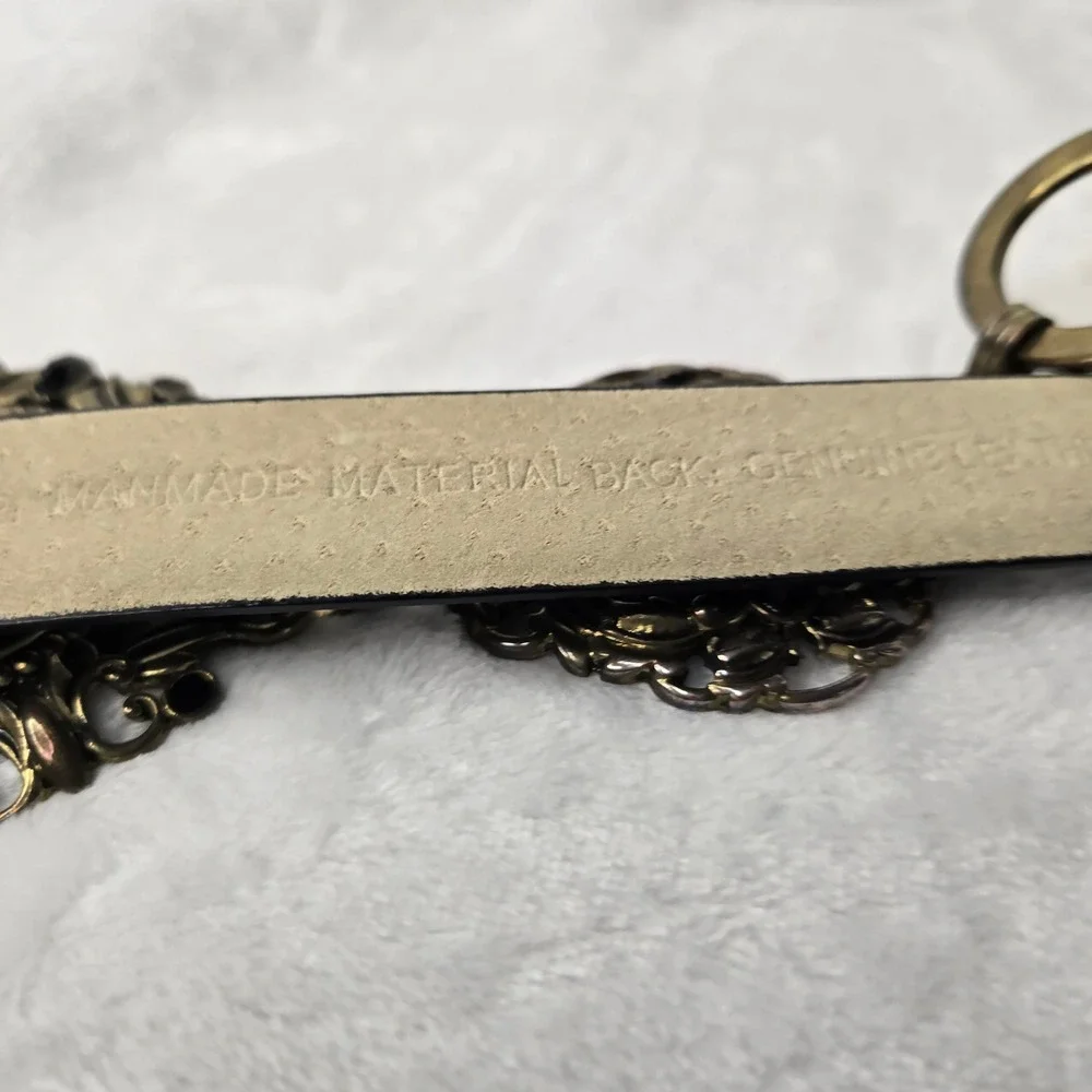 Chicos Black Leather Belt Gold Filigree Medallion Black Stone Size Small Medium